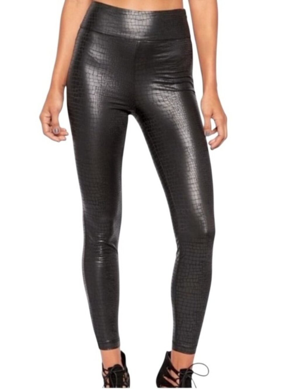 7 For All Mankind Black Crocodile Embossed Faux Leather Leggings S